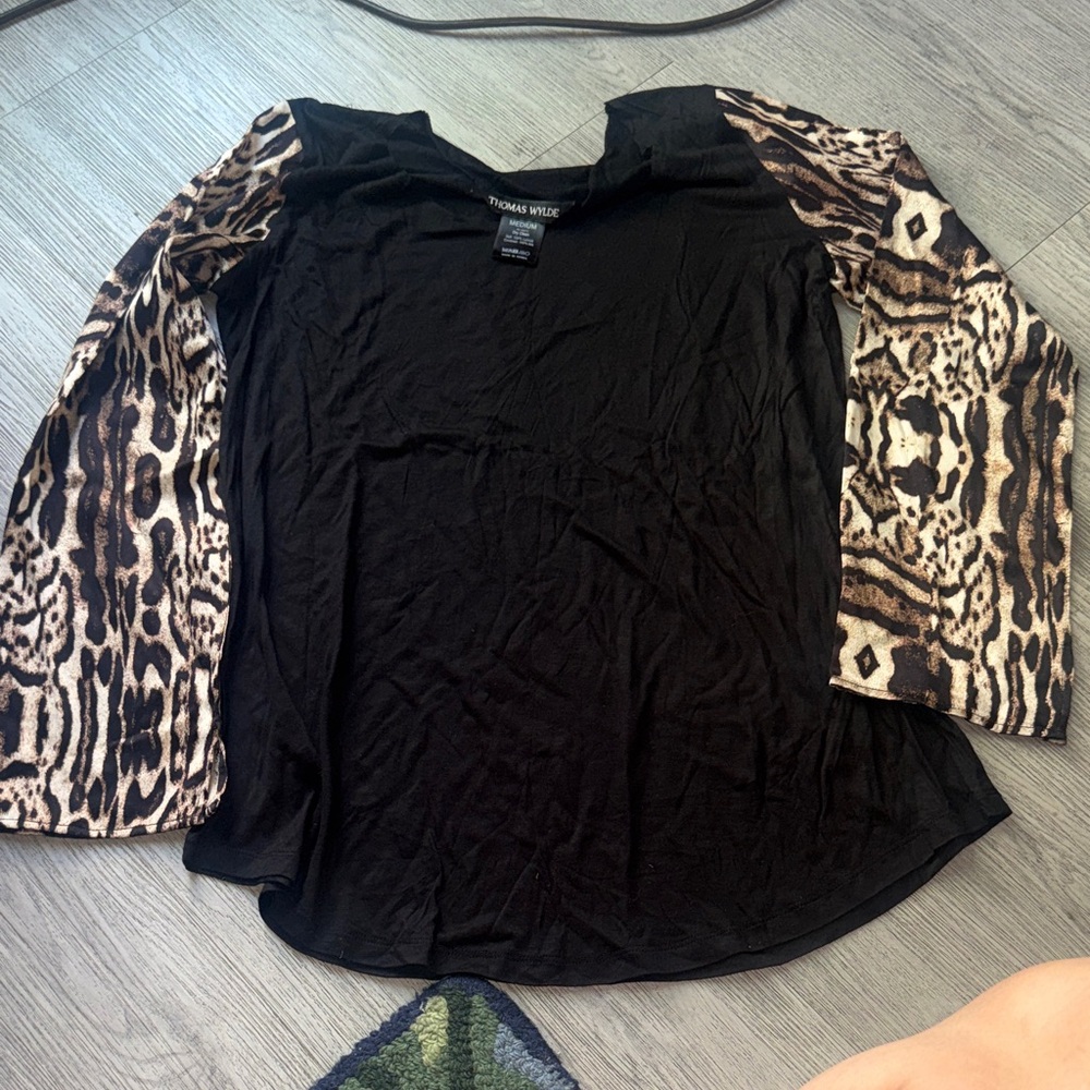 Thomas Wylde Black Top with Animal-Print Sleeves
